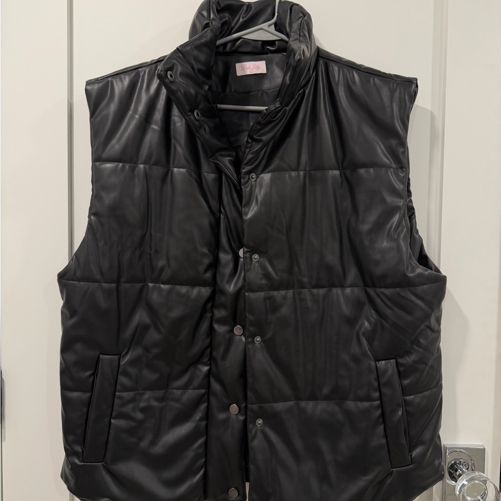Pink Lily Oversized Faux Leather Black Vest